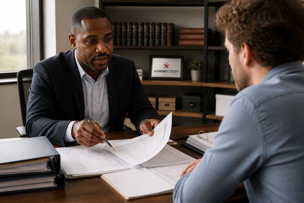 Loan officer or financial advisor meeting with a business owner across a desk, reviewing printed financial statements and documents with organized folders