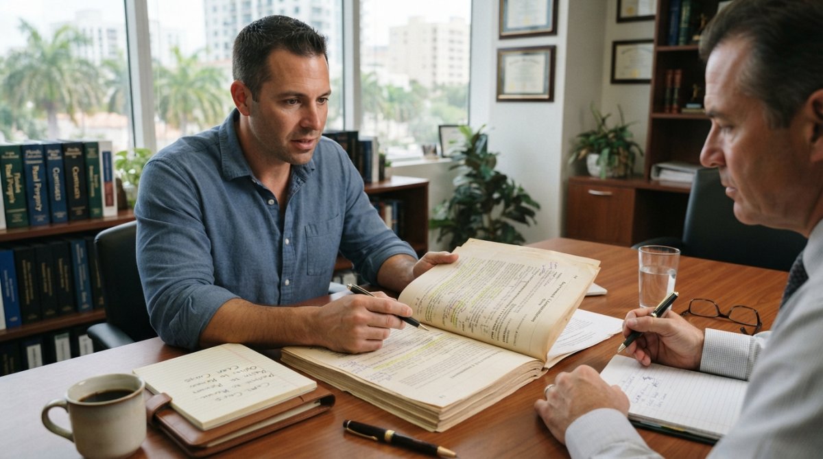 Business owner and commercial real estate attorney reviewing lease documents together at desk with coffee and notepad, natural office lighting