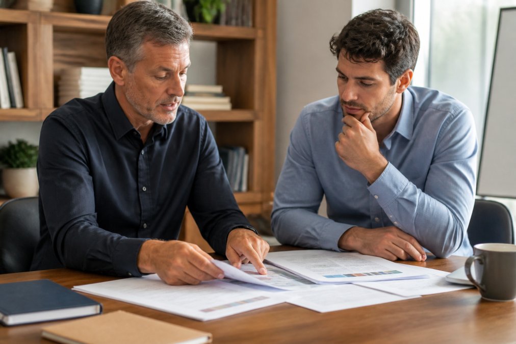 Professional business mentor and entrepreneur reviewing strategy documents together at wooden desk in modern office with natural lighting