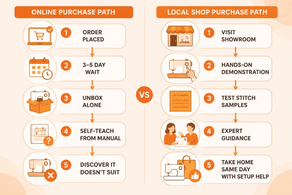 Flowchart comparing two purchase paths side by side. Online path: order placed, 3-5 day wait for delivery, unbox alone, self-teach from manual, discover it doesn't suit. Local shop path: visit showroom, hands-on demonstration, test stitch samples, expert guidance, take home same day with setup help