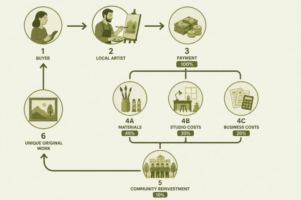 Flow diagram showing a purchase moving from buyer to local artist, then to materials, studio costs, and community reinvestment, ending with a unique original work returning to the buyer