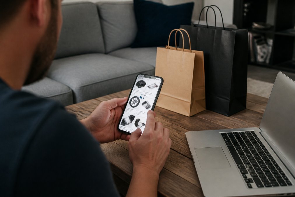 Customer browsing automotive accessories on a smartphone at home with a laptop and shopping bags nearby, showing the convenience of online shopping
