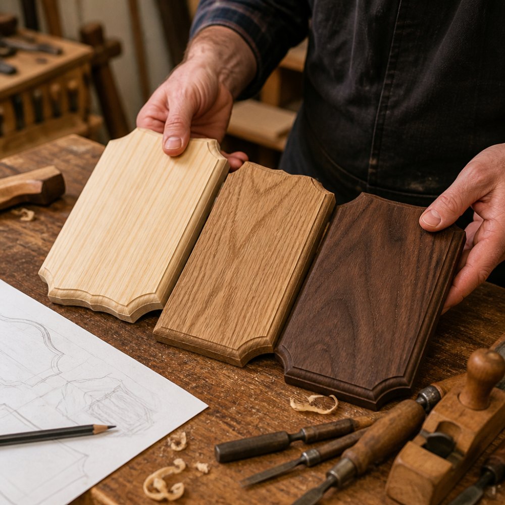 Hands carefully selecting from wooden plaque samples showing different wood grain patterns, pine, oak, and walnut, arranged on a craftsmanship workbench with engraving tools and design sketches