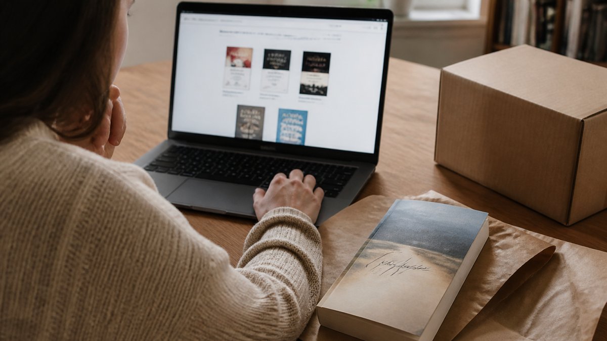 Reader comparing an author's direct shop page on a laptop with a signed paperback and a shipping box on the desk