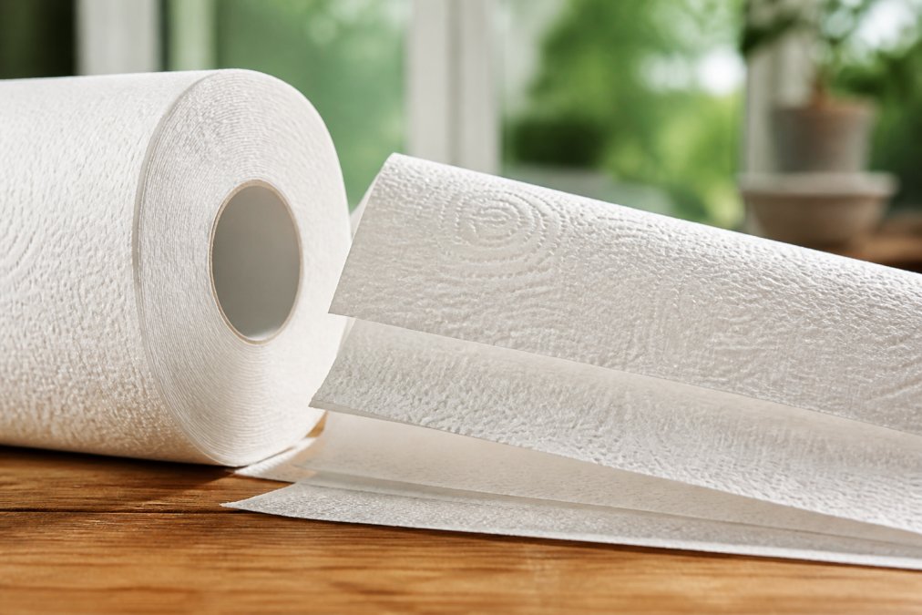 Close-up of premium 3-ply toilet paper roll and kitchen towel sheets displayed together, showing texture and thickness, with natural daylight highlighting the product quality