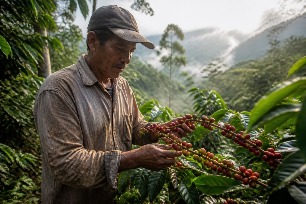 Coffee farmer in worn work clothes examining bright red coffee cherries on lush green plants in a misty mountain plantation, morning light filtering through trees
