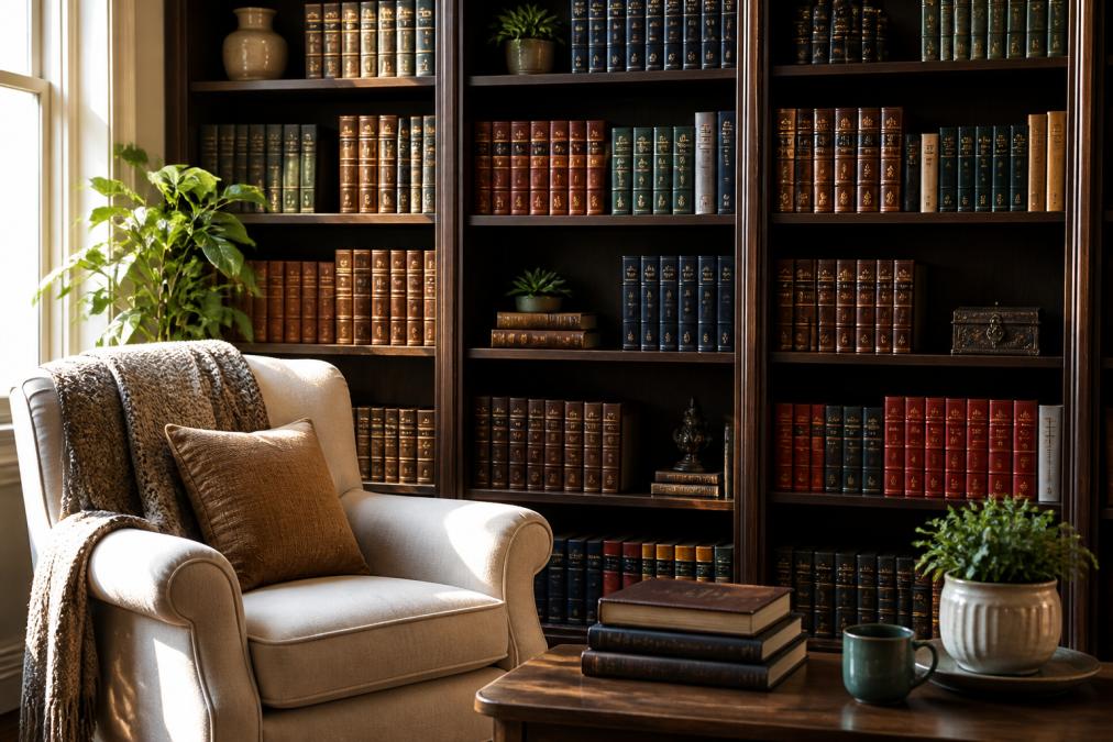 Cozy reading corner featuring a comfortable armchair beside a well-lit bookshelf filled with complete book sets.