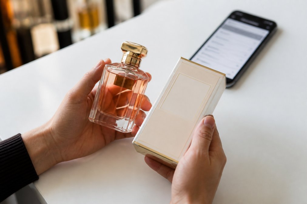 Infographic showing the process to verify a designer perfume by checking the batch code on the original box