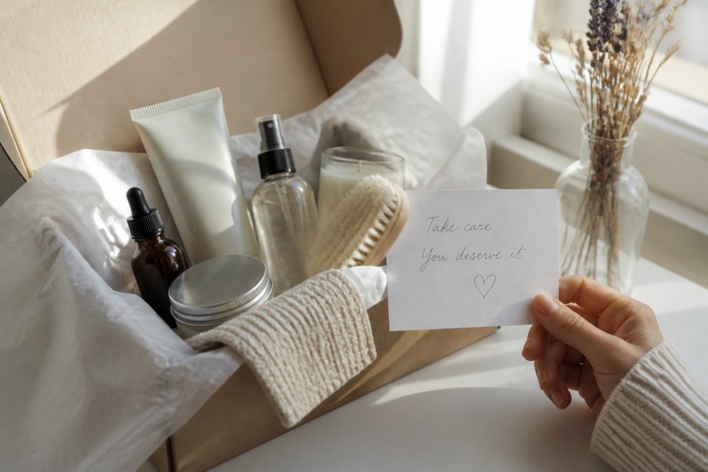 A carefully arranged collection of beauty products with minimalist packaging on a clean white surface, a hand-written note card resting beside them, soft natural window lighting casting gentle shadows