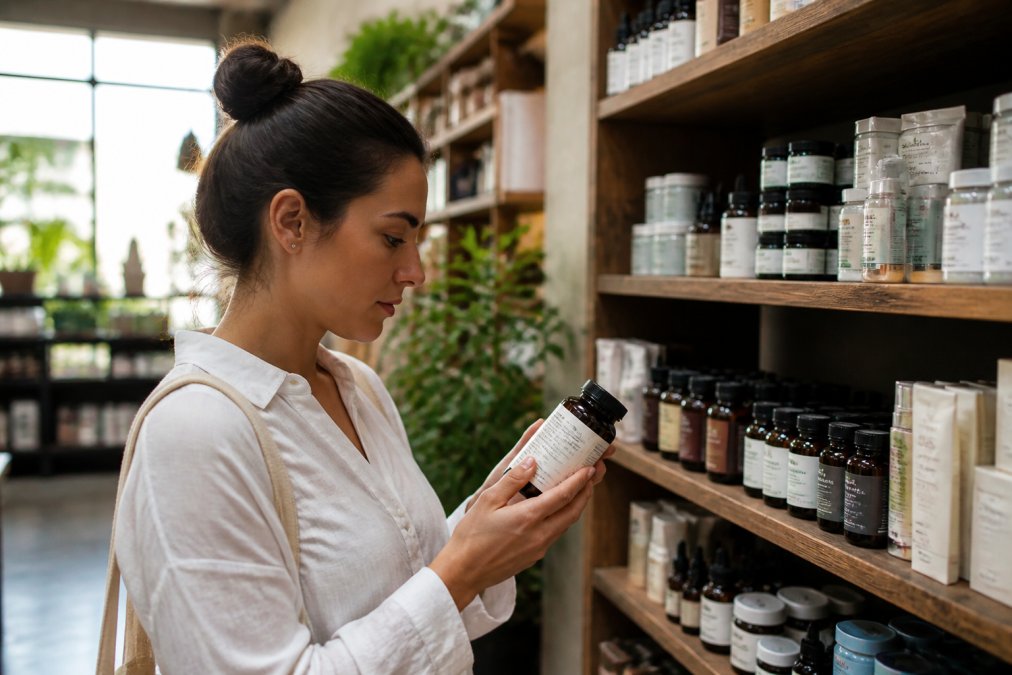 Person carefully examining supplement bottles and skincare products on a wooden shelf, reading labels with focused attention in natural daylight