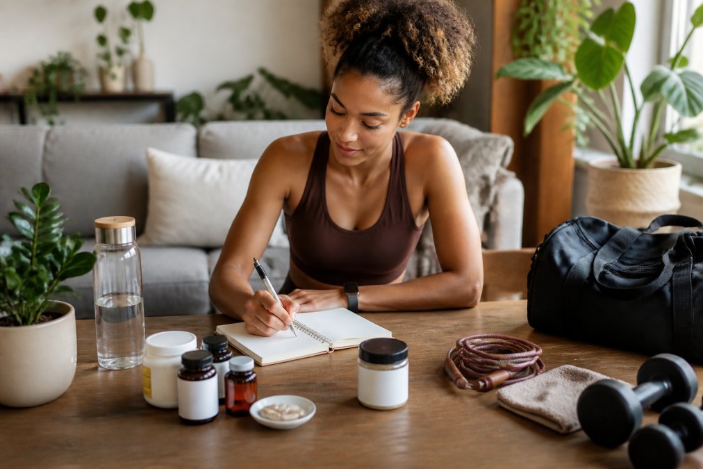 Person organizing their wellness routine with supplements, fitness gear, and self-care items arranged on a clean, minimalist workspace with natural lighting