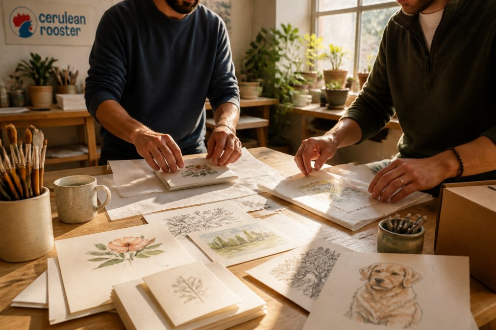 A warm, sunlit studio table covered with watercolor paintings, ink illustrations, and handwritten greeting cards, with two pairs of hands carefully wrapping a finished piece in tissue paper