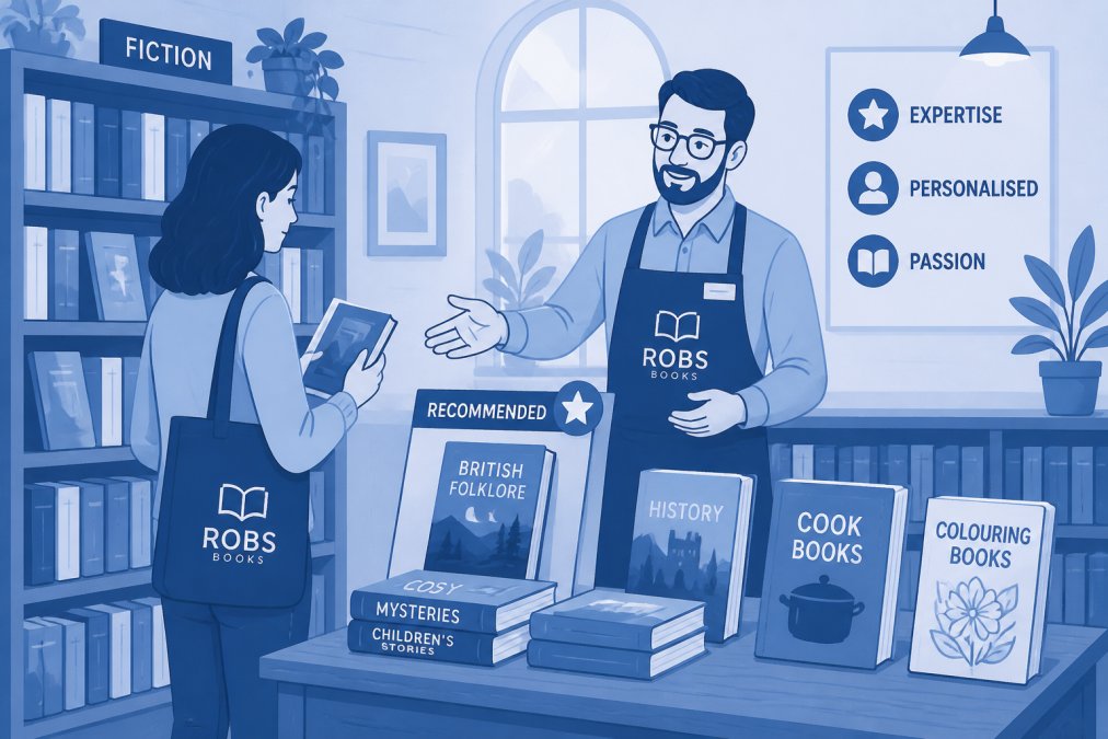 Customer browsing shelves in a warm, independent bookshop with wooden fixtures and soft lighting, whilst a knowledgeable bookseller gestures toward a recommendation on a nearby display table