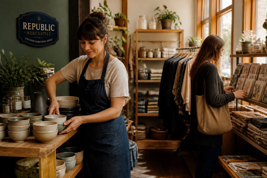 A small business owner in an apron arranging ceramic bowls and folded textiles on a wooden shelf in a warmly lit independent shop, a customer browsing a display rack nearby