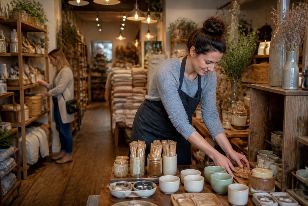 A small business owner arranging handmade items on a wooden display table inside a cozy local shop, with warm lighting and a customer browsing in the background
