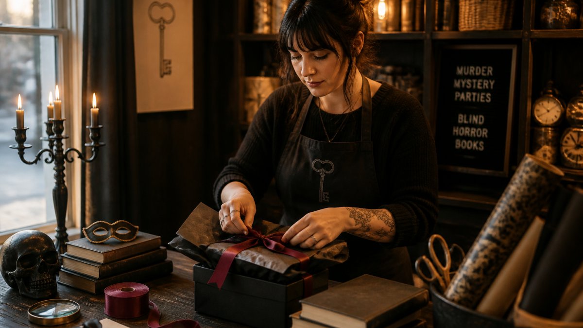 Shop owner wrapping a gift box with tissue paper and ribbon by hand, warm lighting from storefront window illuminating careful attention to detail, intimate retail counter setting