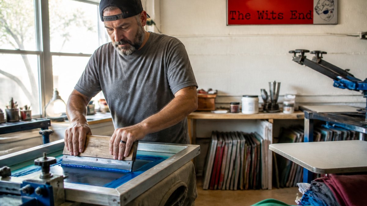 Veteran business owner hand-screening custom apparel in a small shop, focused on quality details with natural light streaming through windows, pride visible in their work