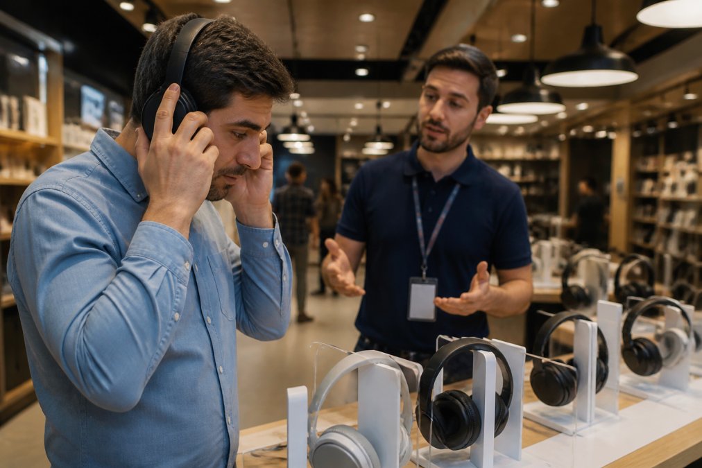A customer testing wireless headphones at a modern specialty tech store counter, a staff member explaining features in the background under warm overhead lighting