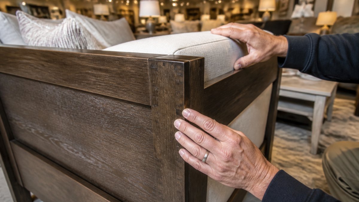 A close-up of hands running along the corner of a solid wood sofa frame, showing the joinery and finish in a bright furniture showroom