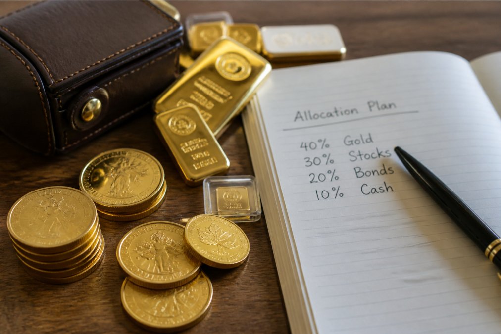 Close-up of assorted gold coins and bars arranged on a wooden table beside an open notebook with a handwritten allocation plan and pen