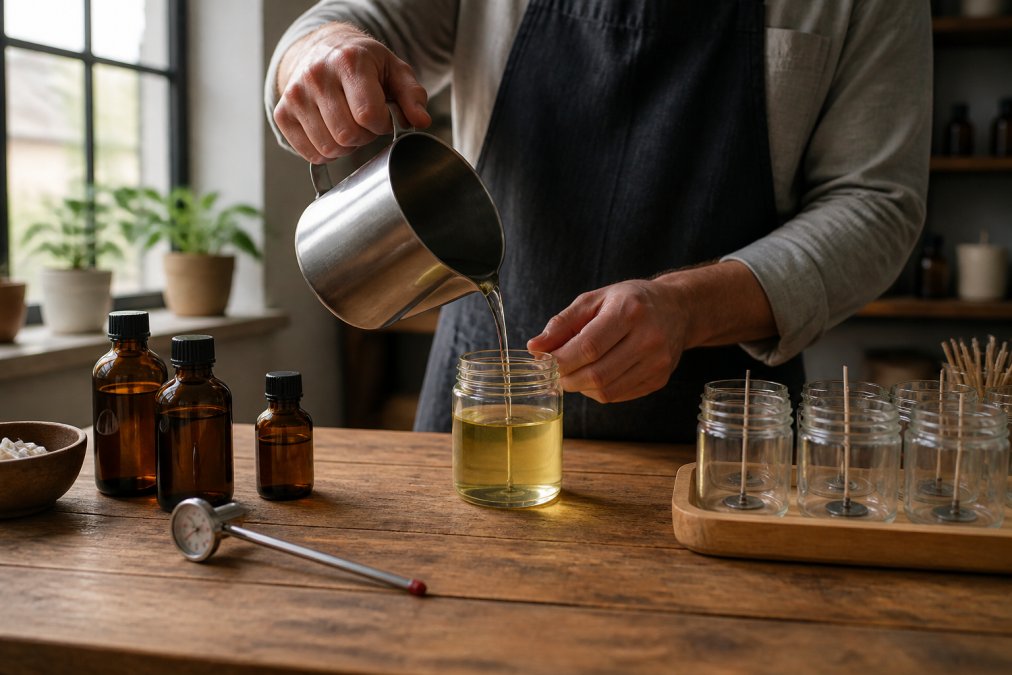 A craftsman's hands pouring melted soy wax into a clear glass jar in a small workshop, with amber fragrance bottles and a metal thermometer on the wooden table nearby, warm natural window light