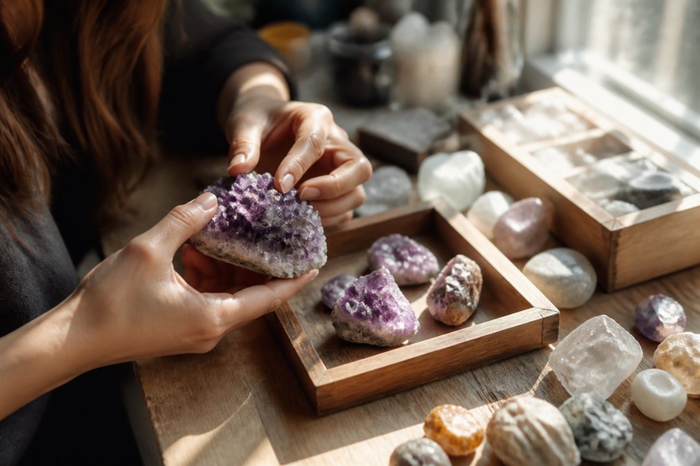 Hands carefully examining and selecting individual crystals on a wooden work surface with natural light highlighting stone details and textures