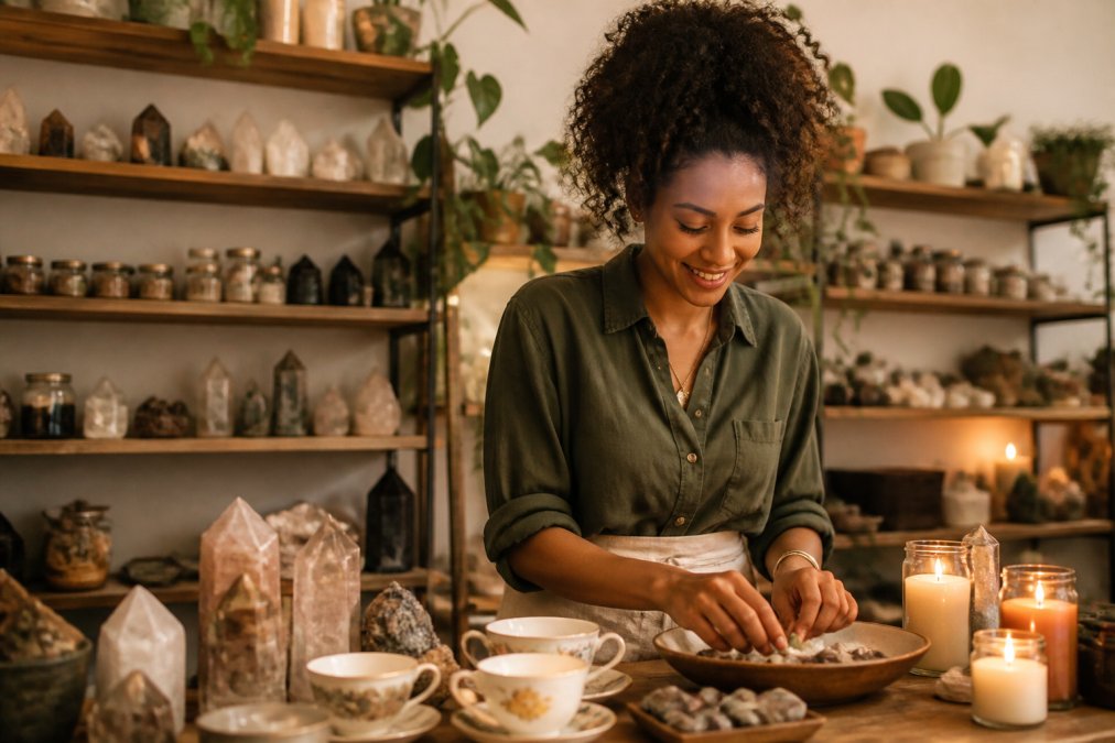 Welcoming apothecary interior with carefully curated crystal displays, vintage teacups, and intention candles on wooden shelves, warm lighting creating a sanctuary atmosphere