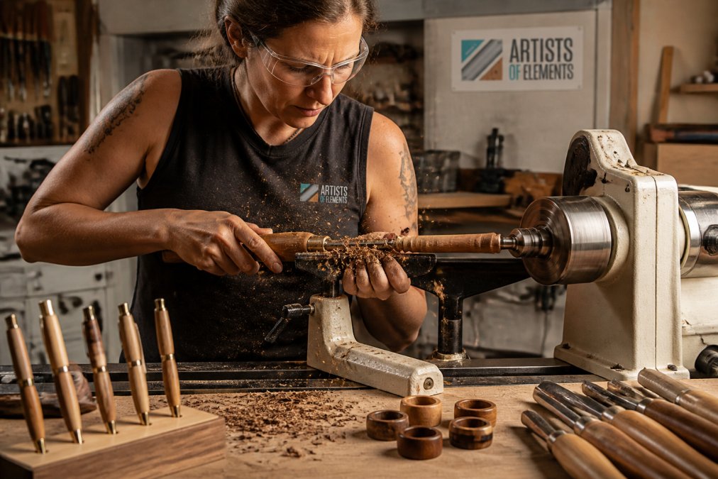 Woodworker turning a black walnut pen on a lathe to create handmade art with shavings falling on the workbench
