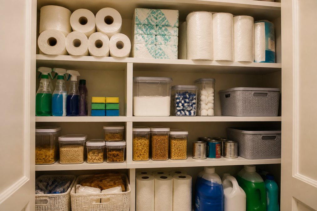 Organized pantry shelves stocked with bulk paper products, cleaning supplies, and non-perishable items neatly arranged in clear containers and labeled storage bins