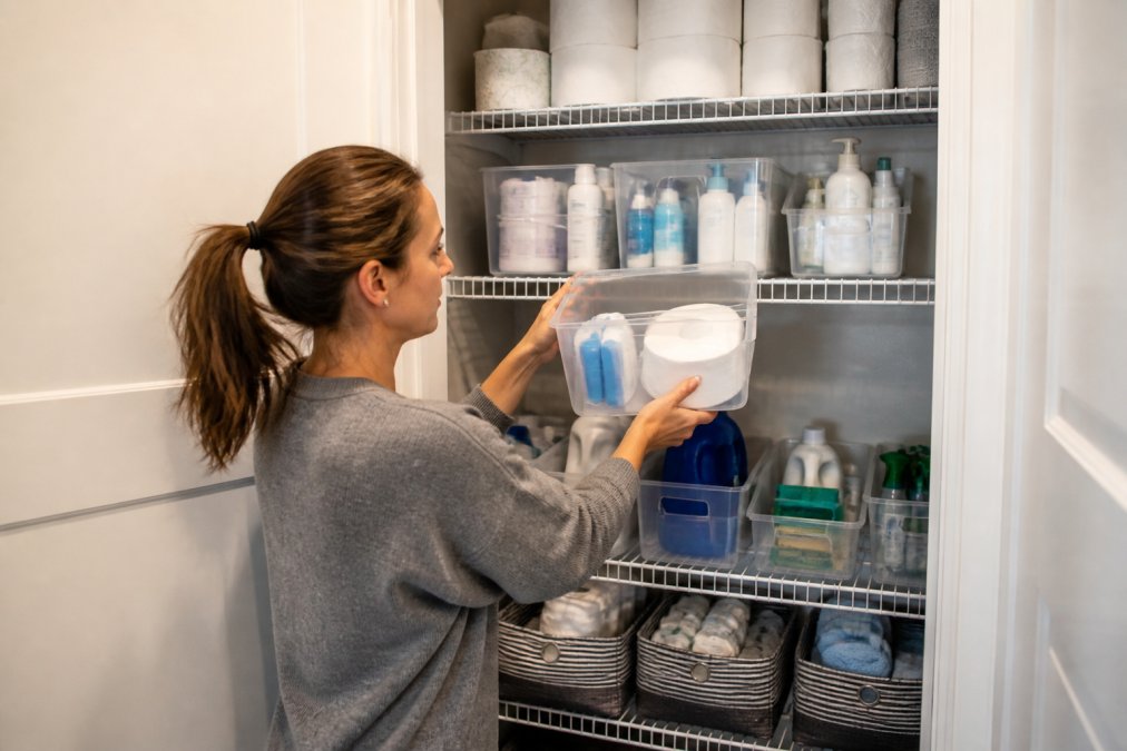 Person organizing bulk household supplies in a compact apartment closet using vertical shelving, clear labeled storage bins, and efficient space management