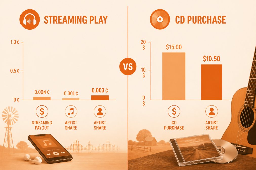 Side-by-side bar chart comparing what reaches an independent artist per streaming play, shown as a fraction of a cent, versus a full CD purchase price, with labels for streaming payout, CD purchase, and artist share