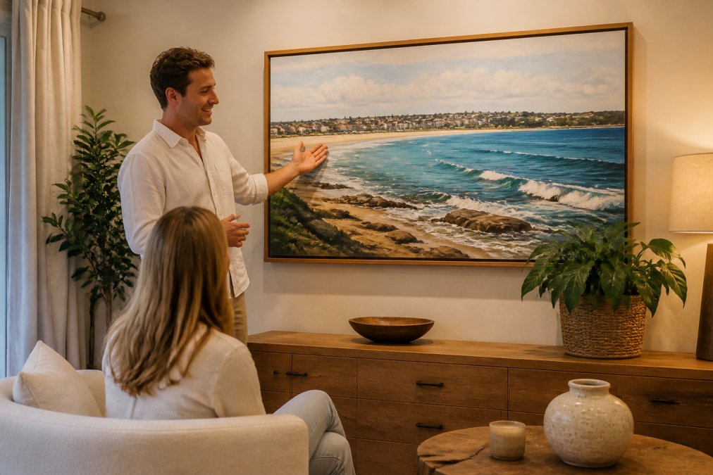 A person standing in front of a large handcrafted coastal painting hanging on a warmly lit living room wall, smiling and gesturing toward the artwork as if explaining its story to a guest seated nearby