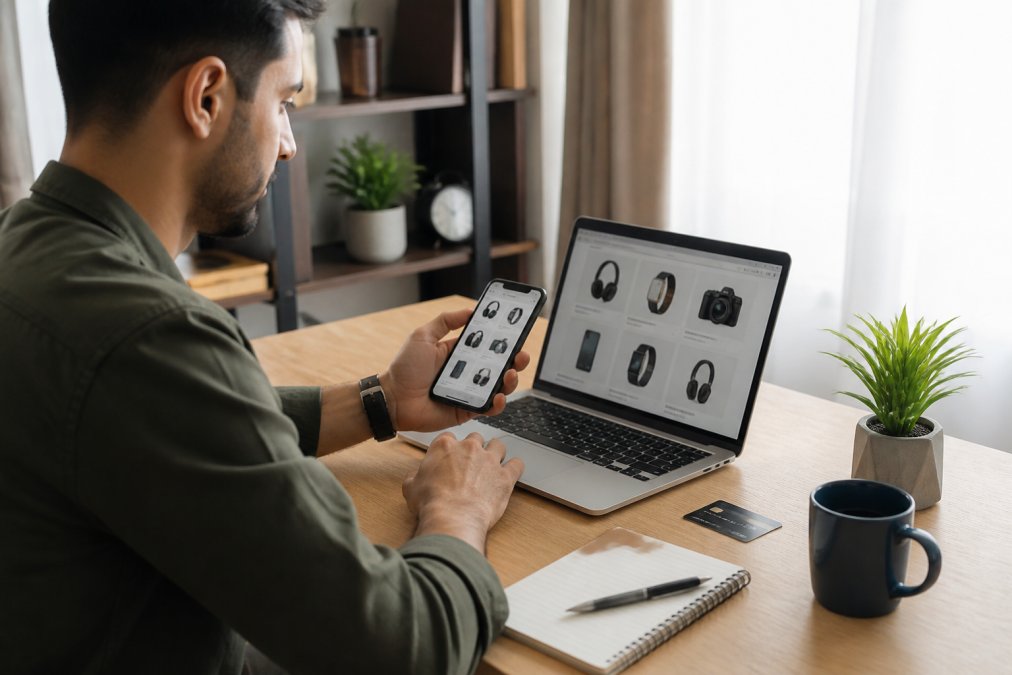 A person sitting at a desk comparing gadget prices on a laptop and smartphone, with a credit card and notepad nearby in a bright home office