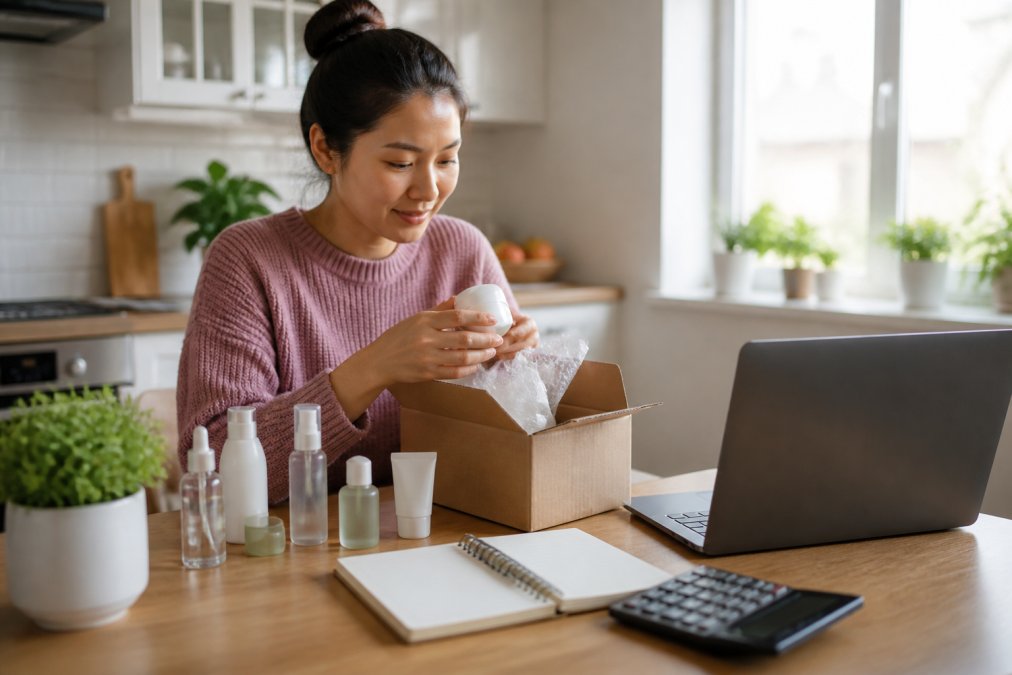 A young woman at a bright kitchen table unboxing a skincare package, with several small bottles and jars arranged neatly on the table beside her laptop