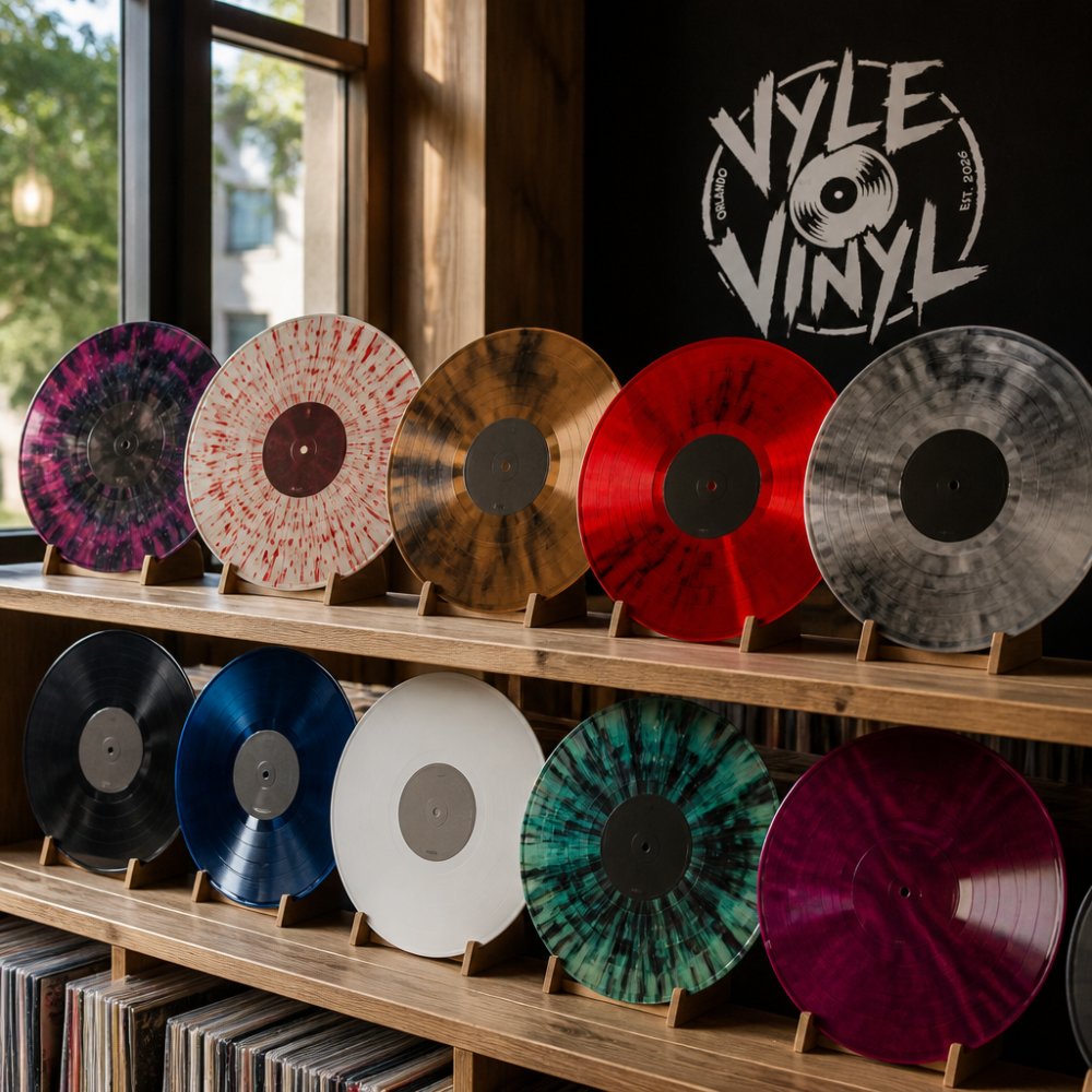 Collection of colorful vinyl records displayed on wooden shelf, showing splatter patterns, marbled swirls, translucent colors, and solid variants in natural window lighting