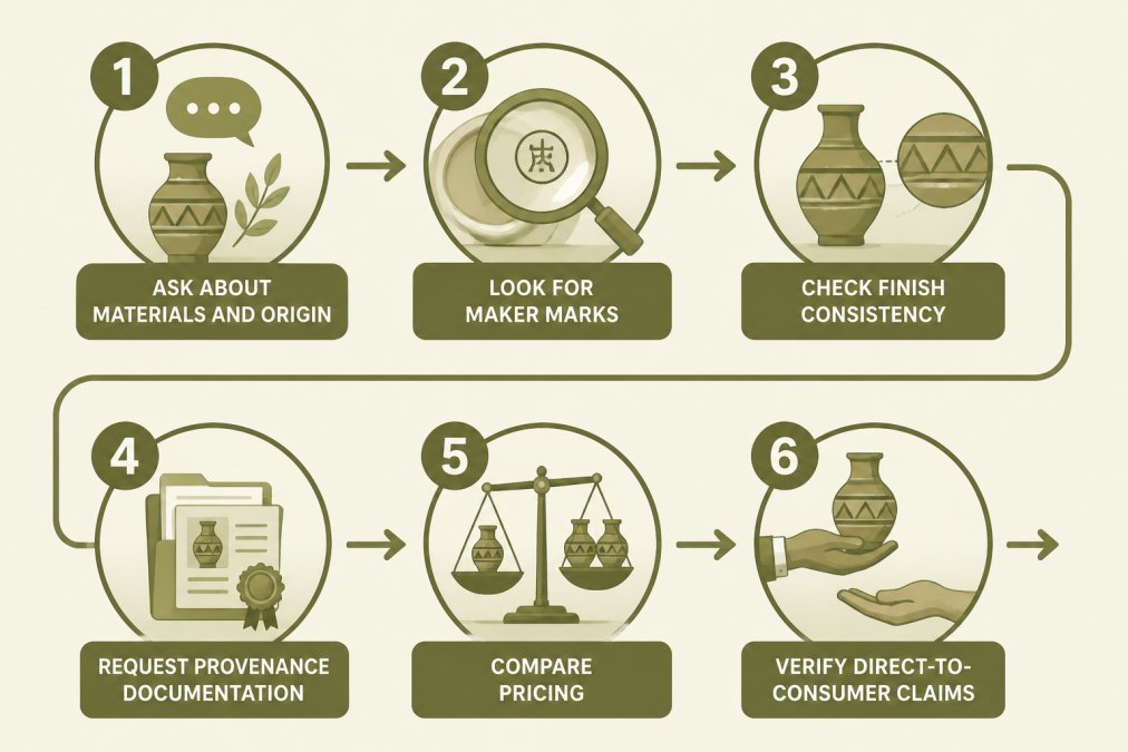 Flowchart showing a 6-step authenticity verification process: 1) Ask about materials and origin, 2) Look for maker marks, 3) Check finish consistency, 4) Request provenance documentation, 5) Compare pricing, 6) Verify direct-to-consumer claims