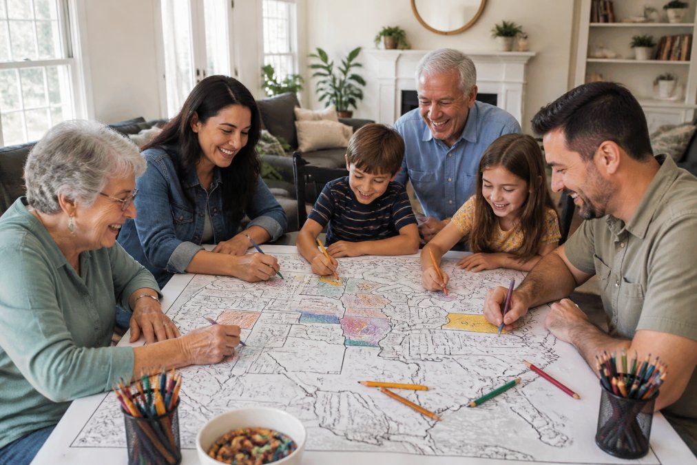 A multi-generational family with grandparents, parents, and two children laughing and coloring together around a large table covered with a giant USA map coloring sheet, using crayons and colored pencils in a bright, cozy living room with natural window light