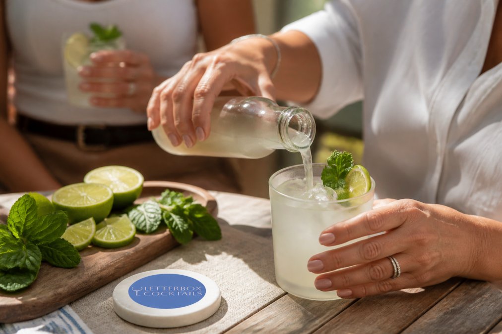 Hands pouring a chilled ready-to-drink cocktail into a frosted glass with ice cubes, fresh lime wheel garnish and mint sprig visible, demonstrating simple professional serving technique in warm natural lighting