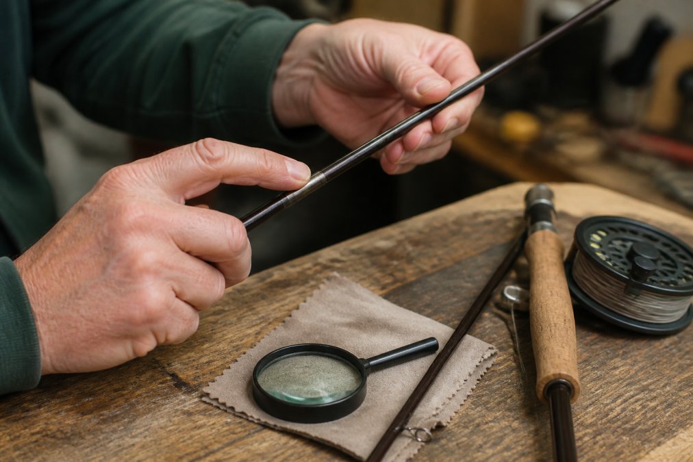 Angler inspecting a used fly rod ferrule for wear on a wooden workbench with a magnifying glass nearby.