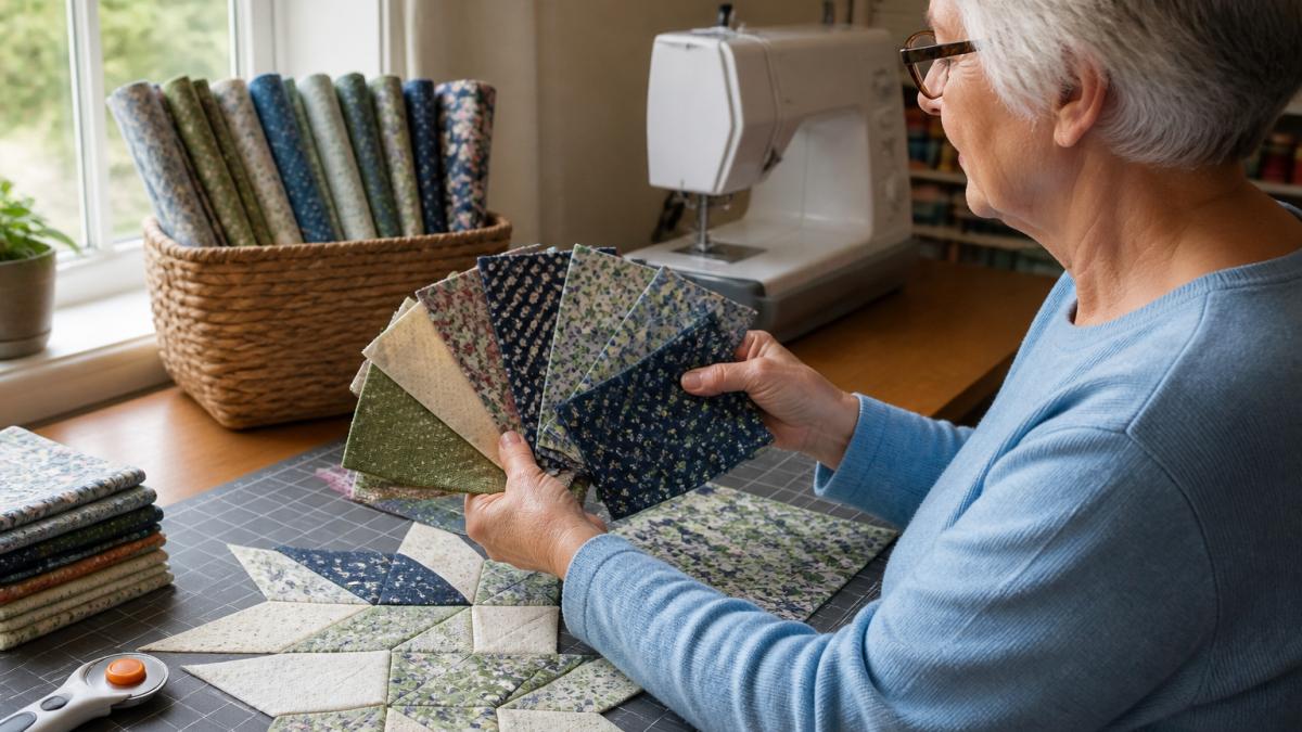 Quilter holding coordinating fabric swatches under natural light to compare colors and patterns for a quilt project