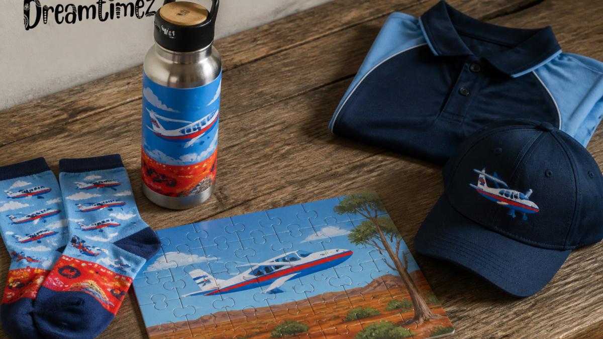 A flat-lay photograph of Royal Flying Doctor merchandise including a branded drink bottle, socks, and a children's puzzle arranged on a rustic wooden surface with natural lighting