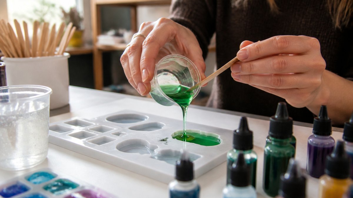 Artisan hands pouring small batch resin into a silicone mold on a clean workbench with pigment bottles nearby