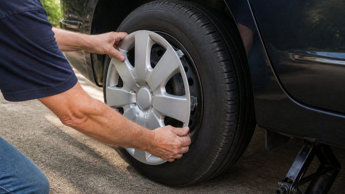 Close-up of a person's hands pressing a plastic wheel cover onto a car wheel in a driveway, showing the retention clips engaging the wheel edge and the wheel face aligning, with the vehicle raised slightly on a jack and daylight on the wheel