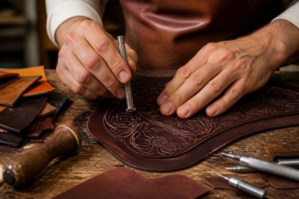 Artisan hands using traditional tools to emboss floral patterns onto high-quality byproduct leather bags