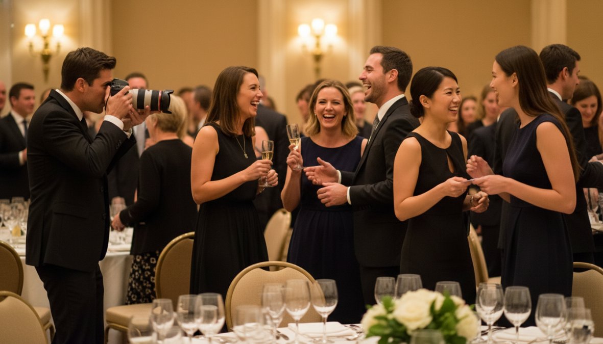 A professional event photographer blending into a warmly lit corporate gala ballroom, crouching slightly at the edge of a crowd while capturing unposed guests laughing and clinking glasses in the foreground