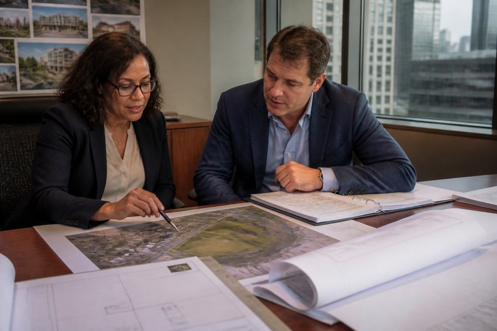A developer and a municipal official reviewing site plans and financial documents together at a conference table in a city planning office, with maps and binders spread out