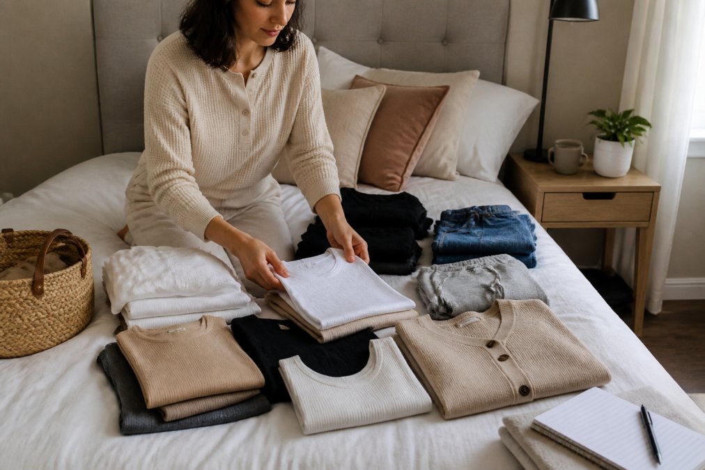 Woman organizing neutral-toned clothing items on a bed, carefully folding and grouping tanks, cardigans, and basics while reviewing a handwritten checklist on the nightstand