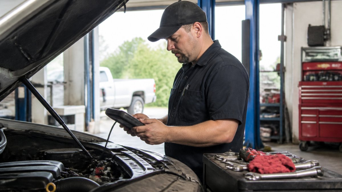 An ASE-certified technician in a clean, well-lit repair bay using a handheld scan tool connected to a vehicle's OBD-II port, hood open, diagnostic cart nearby
