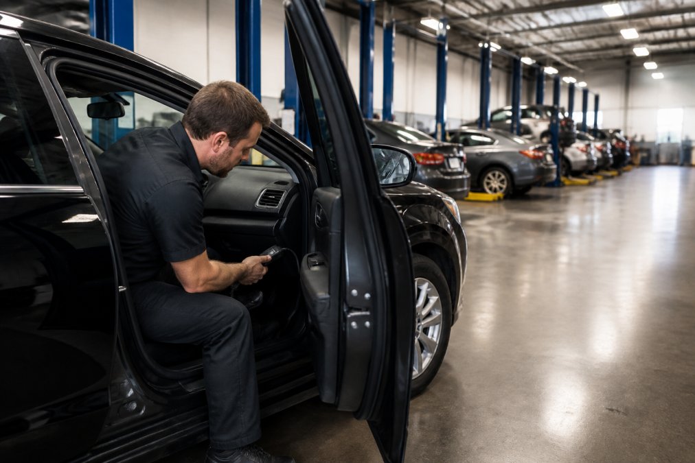 An ASE-certified technician at Kerner's Auto connecting a professional scan tool to the OBD2 port under a vehicle's dashboard inside a clean, well-lit service bay with nine bays visible in the background
