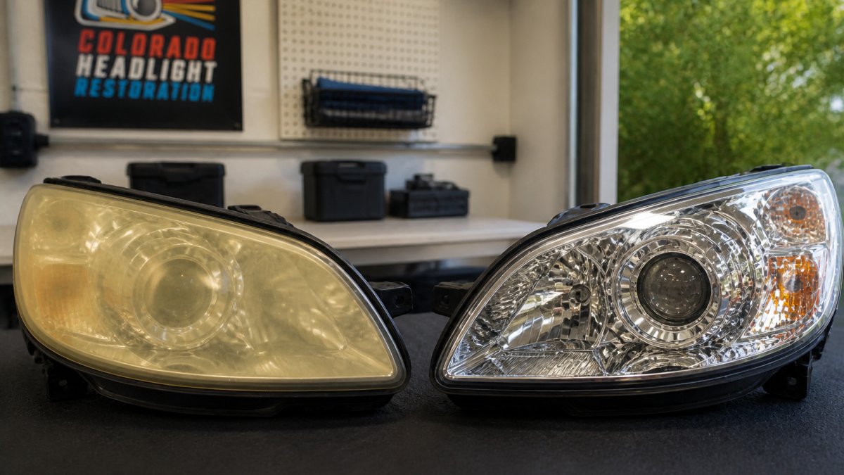 Close-up of a yellowed headlight lens showing amber discoloration next to a clear, restored headlight demonstrating the visible difference in clarity and brightness